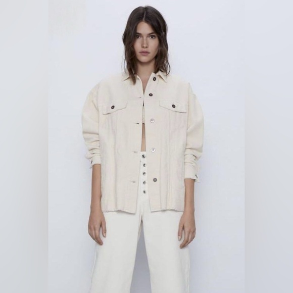 Zara Jackets & Blazers - Zara Cream Corduroy Shacket Raw Hem Button Up Jacket